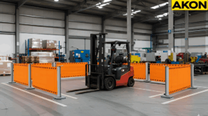 Retractable warehouse barriers separating forklift traffic from surrounding work