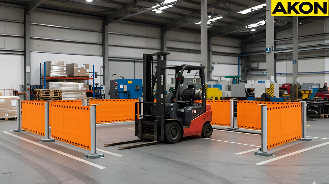 Retractable warehouse barriers separating forklift traffic from surrounding work