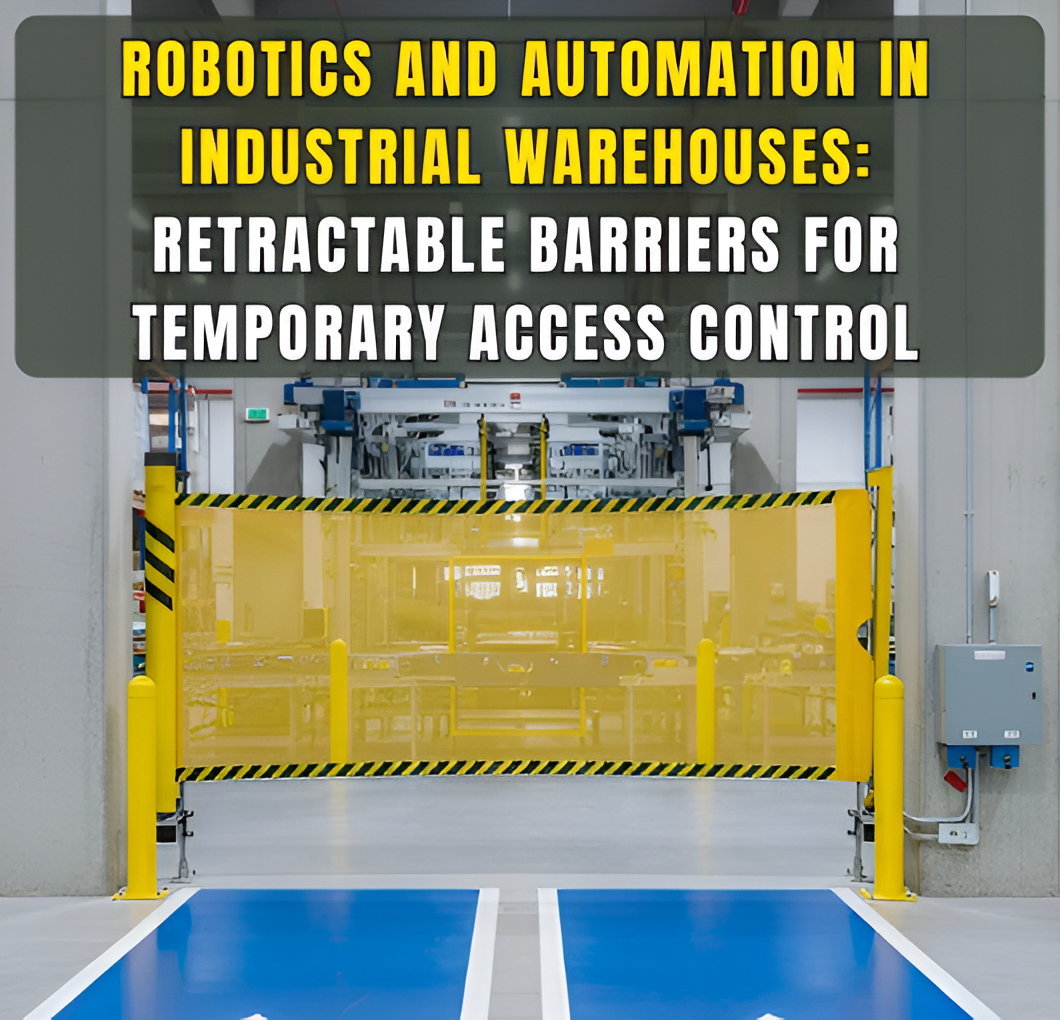 Robotics and automation warehouse with a retractable barrier used for temporary access control around automated equipment