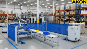 Robotics work cell surrounded by retractable barriers for temporary access control in an automated warehouse