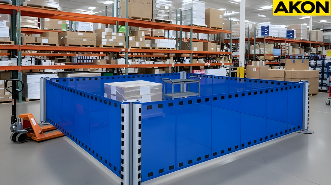 Single retractable barrier setup used to block off a warehouse work zone between storage rack