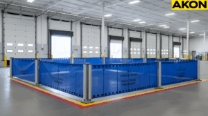 Temporary blue retractable barriers enclosing an inactive dock zones inside a warehouse