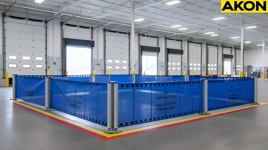 Temporary blue retractable barriers enclosing an inactive dock zones inside a warehouse