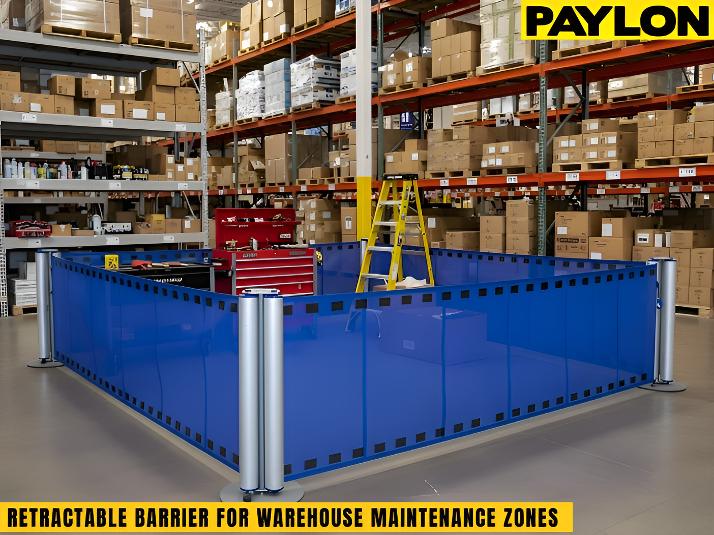 Temporary industrial retractable barriers enclosing a warehouse maintenance zone with ladder and tool