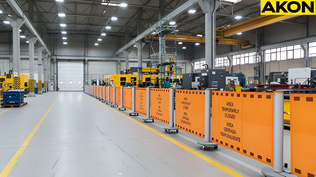 Temporary retractable barriers used to control visitor movement in a warehouse aisles