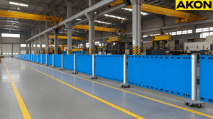 Visitor walkway guided by retractable barrier inside an active manufacturing warehouse