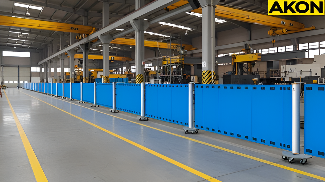 Visitor walkway guided by retractable barrier inside an active manufacturing warehouse