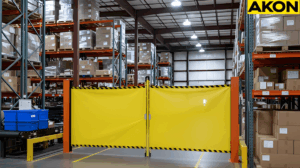 Warehouse aisle temporarily restricted using a yellow retractable barrier systems