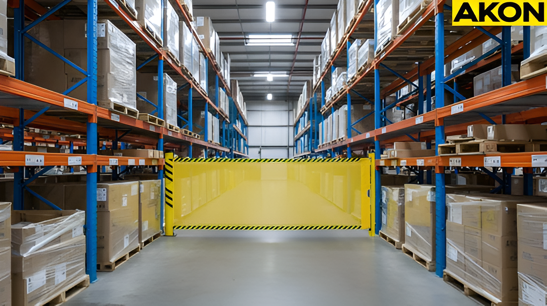 Warehouse aisles closed using a retractable fence barrier for pallet rack safety