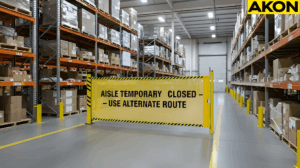 Warehouse aisles temporarily closed using a printed retractable safety barrier between storage racks