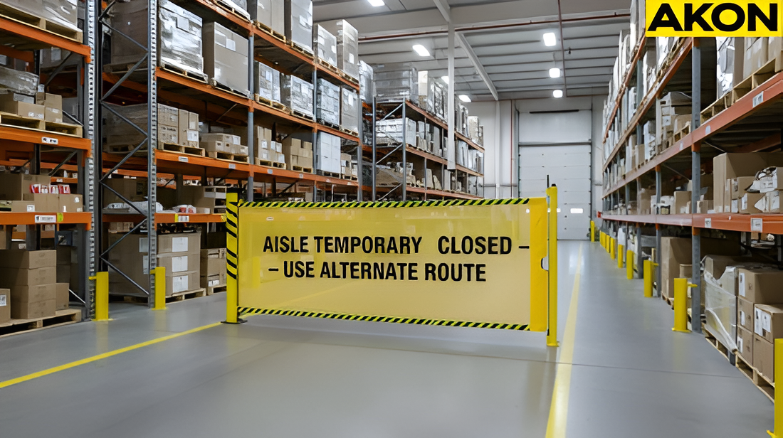 Warehouse aisles temporarily closed using a printed retractable safety barrier between storage racks