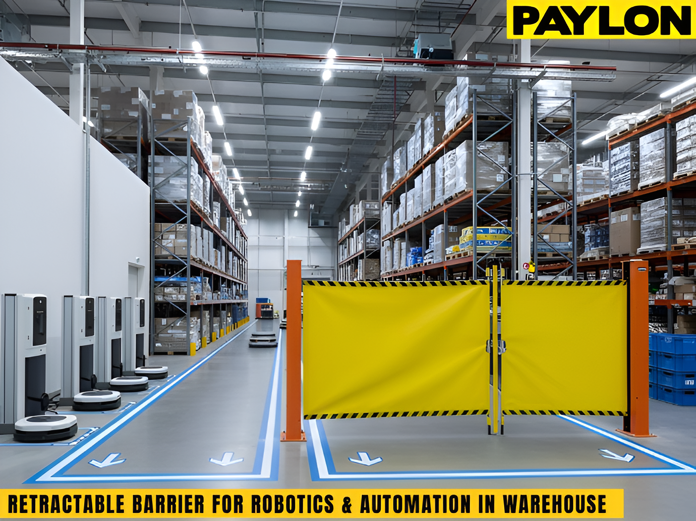 Warehouse automation zone secured with retractable barriers to manage short term access during operations