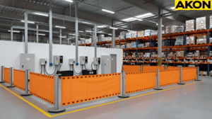 Warehouse battery charging station enclosed with industrial retractable barriers to create a clearly defined keep out zones