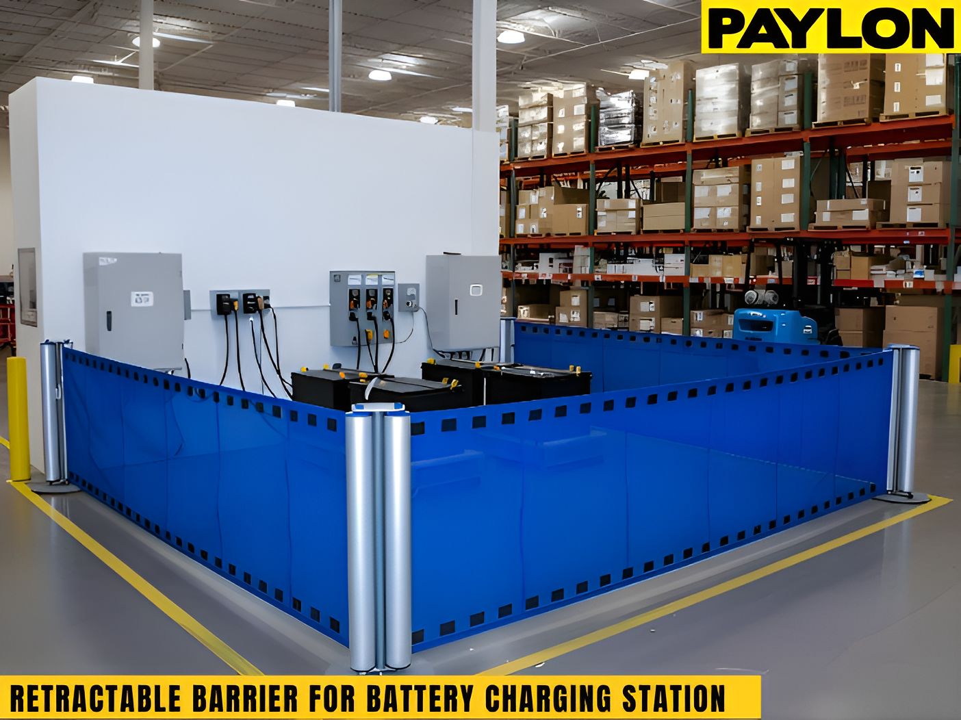 Warehouse charging areas secured with roll up safety barriers to guide pedestrian and forklift traffic