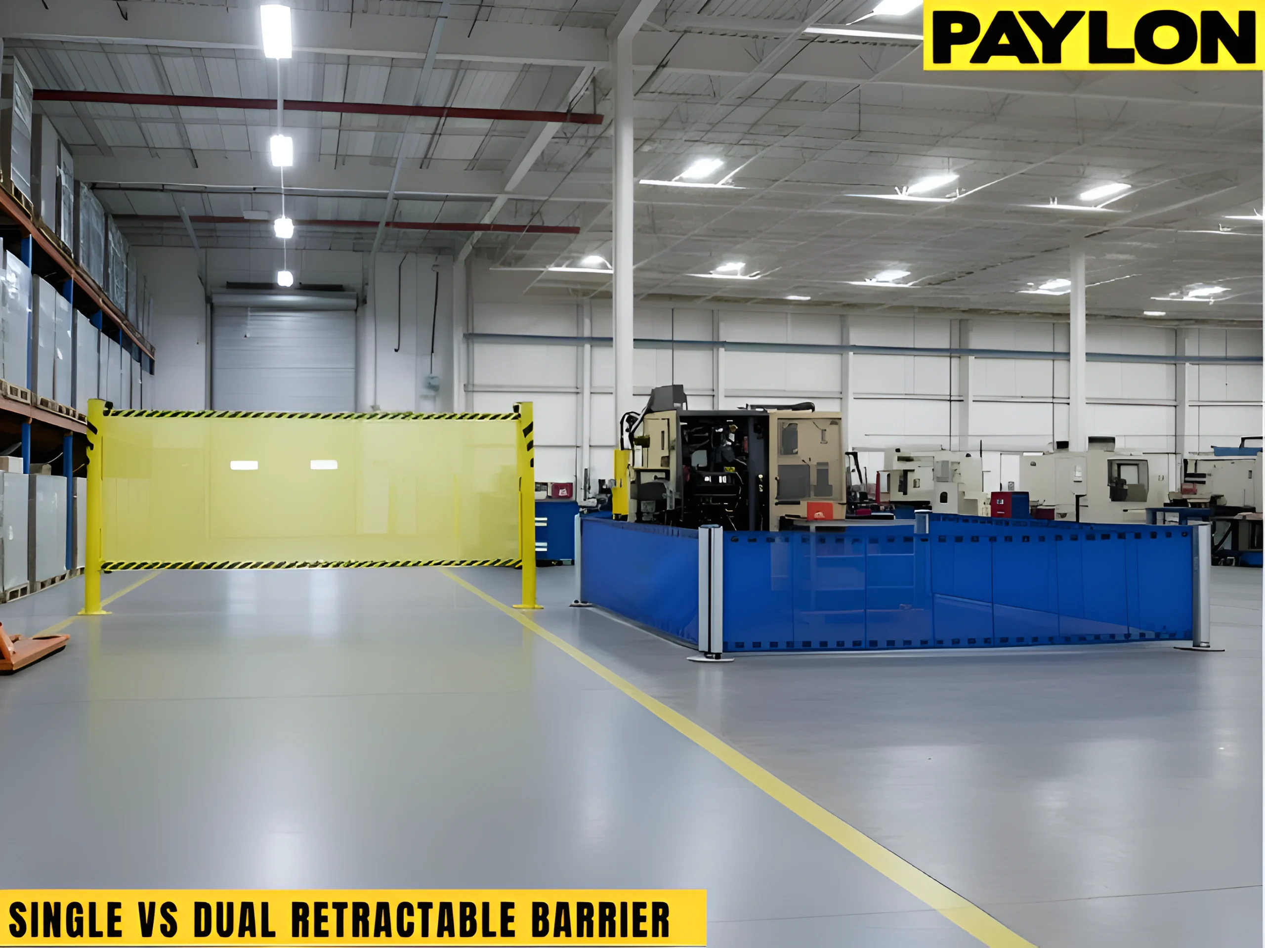 Warehouse floor showing yellow single retractable barrier and blue multi-panel retractable barrier systems for separating areas.