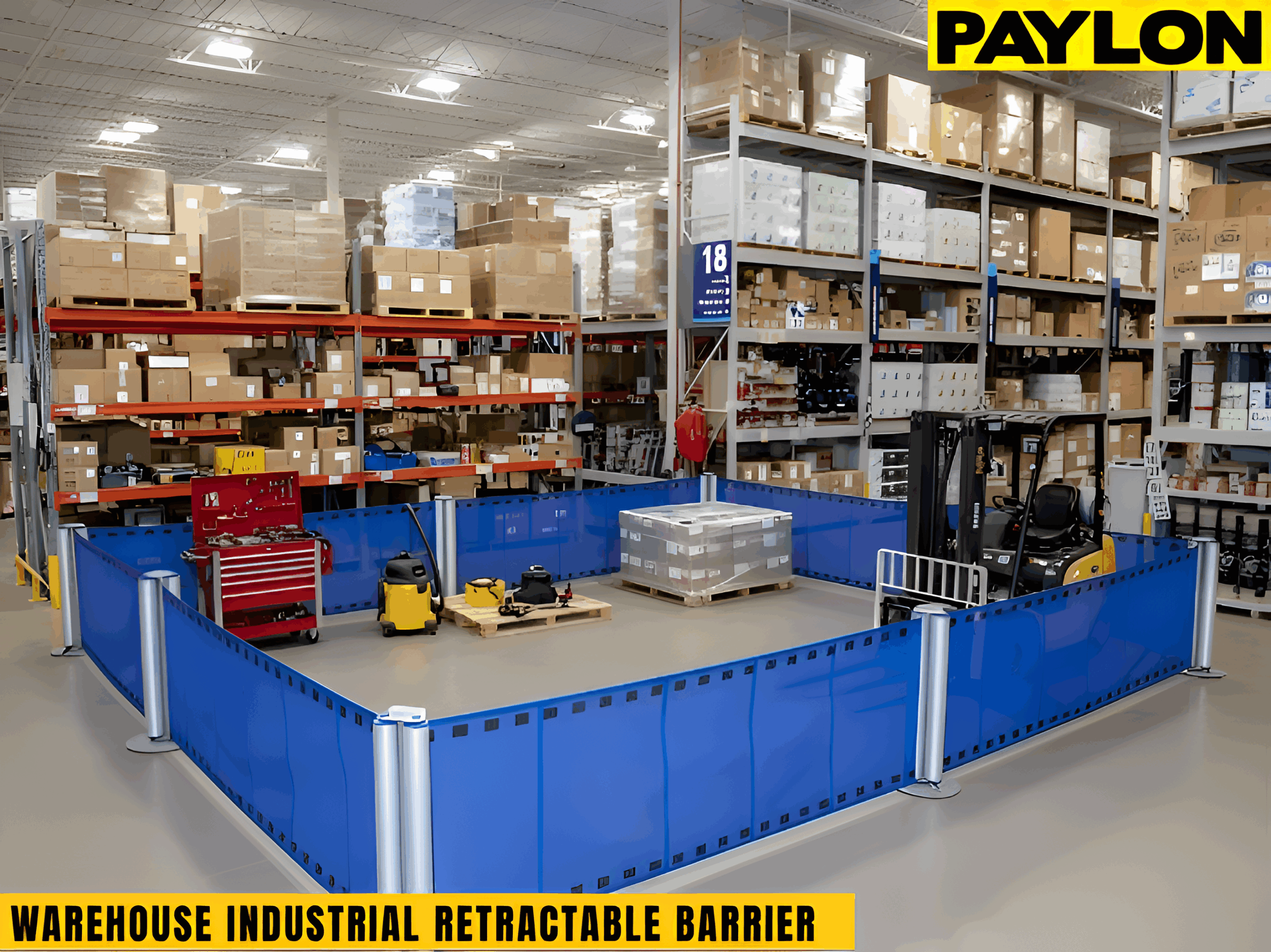 Warehouse industrial retractable barrier enclosing a temporary production and storages area