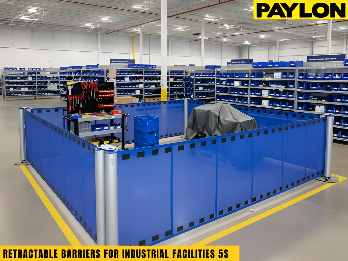 “Warehouse maintenance zone enclosed with blue retractable barriers supporting 5S visual management”