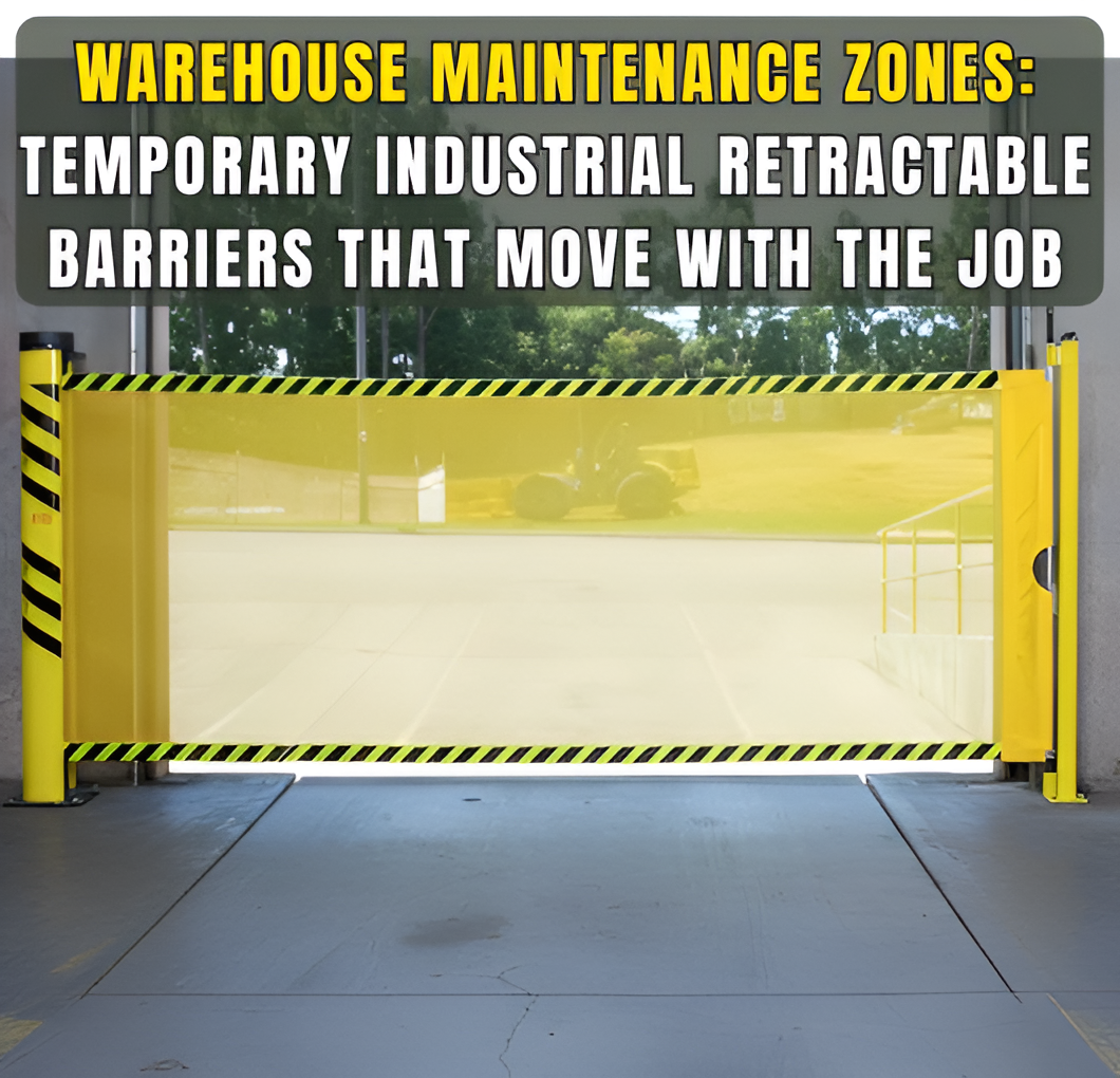 Warehouse maintenance zone secured with temporary industrial retractable barriers that move with the jobs