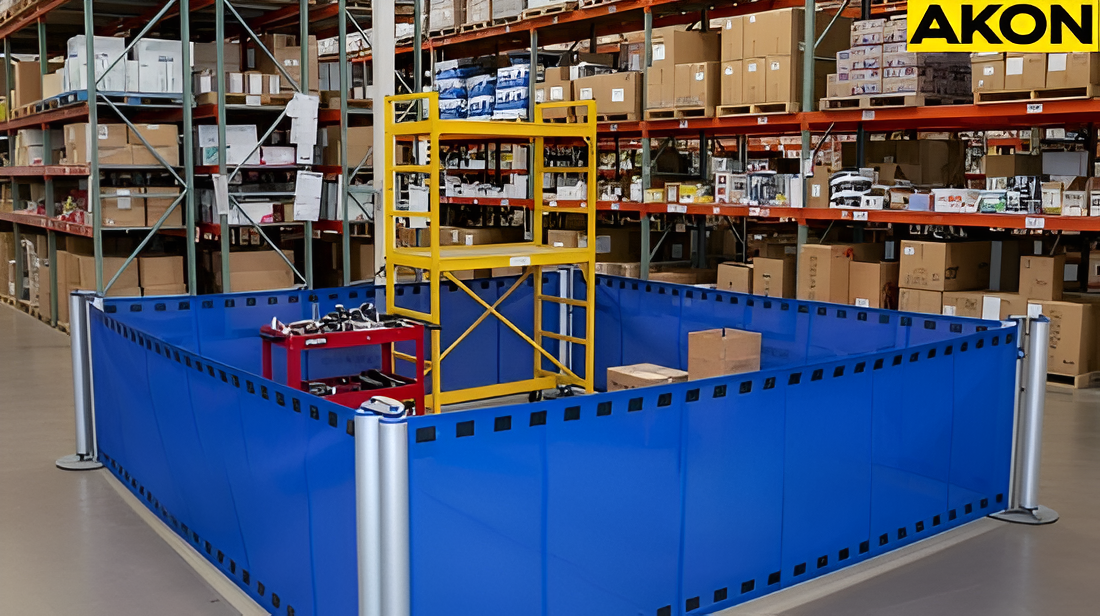 Warehouse maintenance zone secured with temporary retractable barriers around active repair works