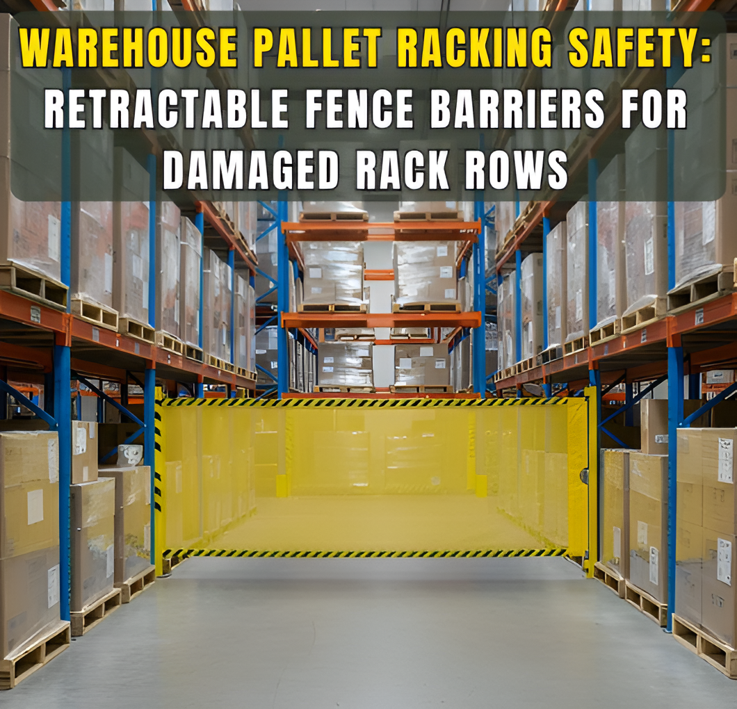 Warehouse pallet racking safety using retractable fence barriers for damaged rack row
