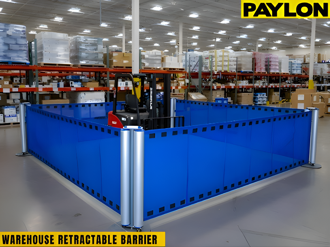 Warehouse retractable barrier creating a defined safety zone around a forklift operating areas