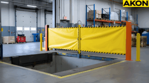 Warehouse safety barrier securing a dock opening during loading and unloading operations
