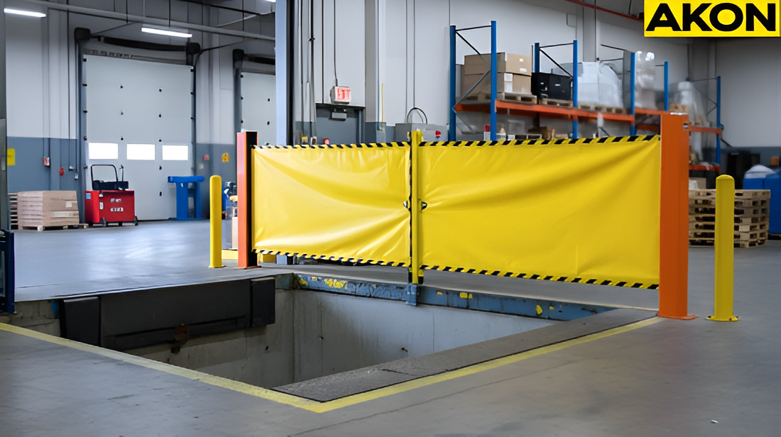 Warehouse safety barrier securing a dock opening during loading and unloading operations