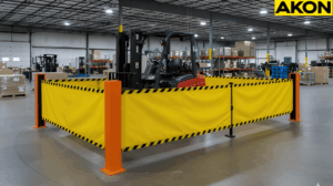 Warehouse safety barrier system controlling access around equipment activity zone