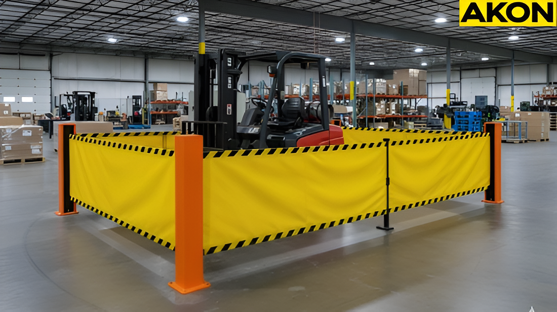 Warehouse safety barrier system controlling access around equipment activity zone