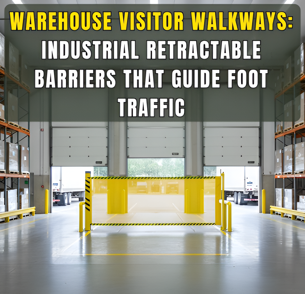 Warehouse visitor walkway controlled by a yellow retractable barrier guiding foot traffics