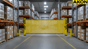 Warehouse visitor walkway protected by a retractable mesh barrier between storage rack