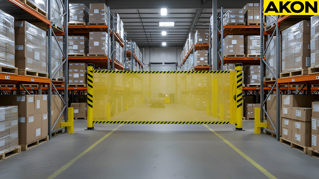 Warehouse visitor walkway protected by a retractable mesh barrier between storage rack