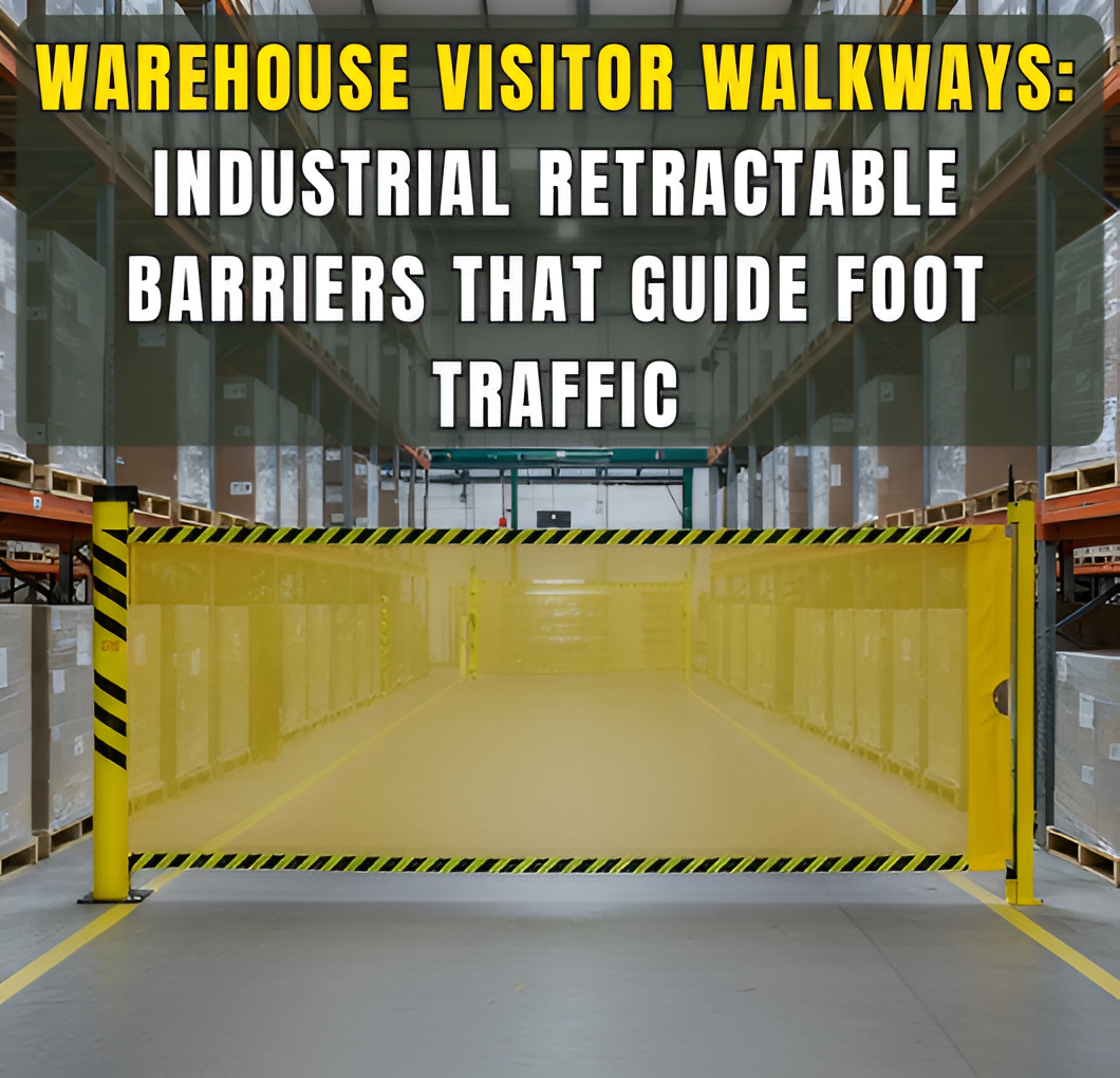 Warehouse visitor walkways guided by industrial retractable barriers to control foot traffics