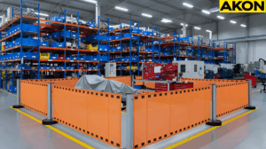 “Warehouse visual management system using retractable barriers for clear access control”