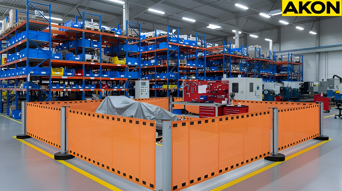 “Warehouse visual management system using retractable barriers for clear access control”