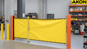 Yellow industrial retractable barrier creating a temporary maintenance zones inside a warehouse