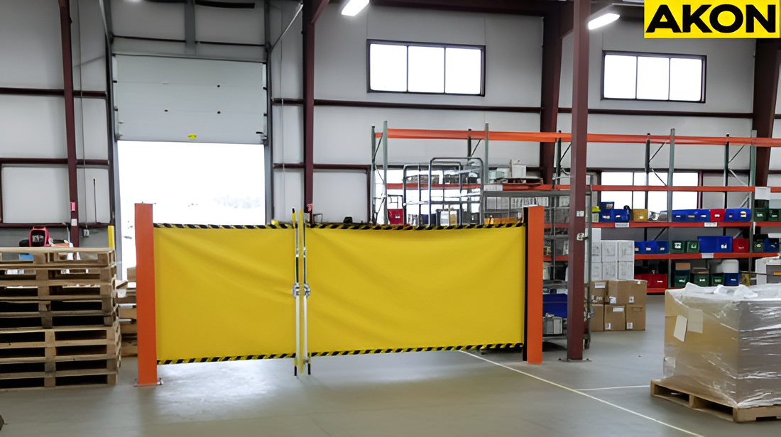 Yellow retractable barrier blocking a temporary warehouse staging zone near pallet storages
