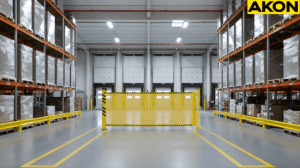 Yellow retractable barriers blocking a forklift aisle inside a large distribution warehouse