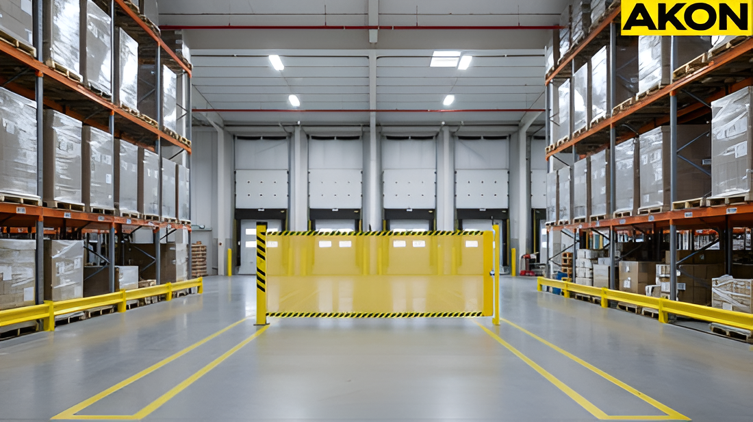 Yellow retractable barriers blocking a forklift aisle inside a large distribution warehouse