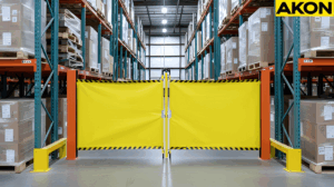 Yellow retractable safety barrier blocking access between warehouse rack aisle