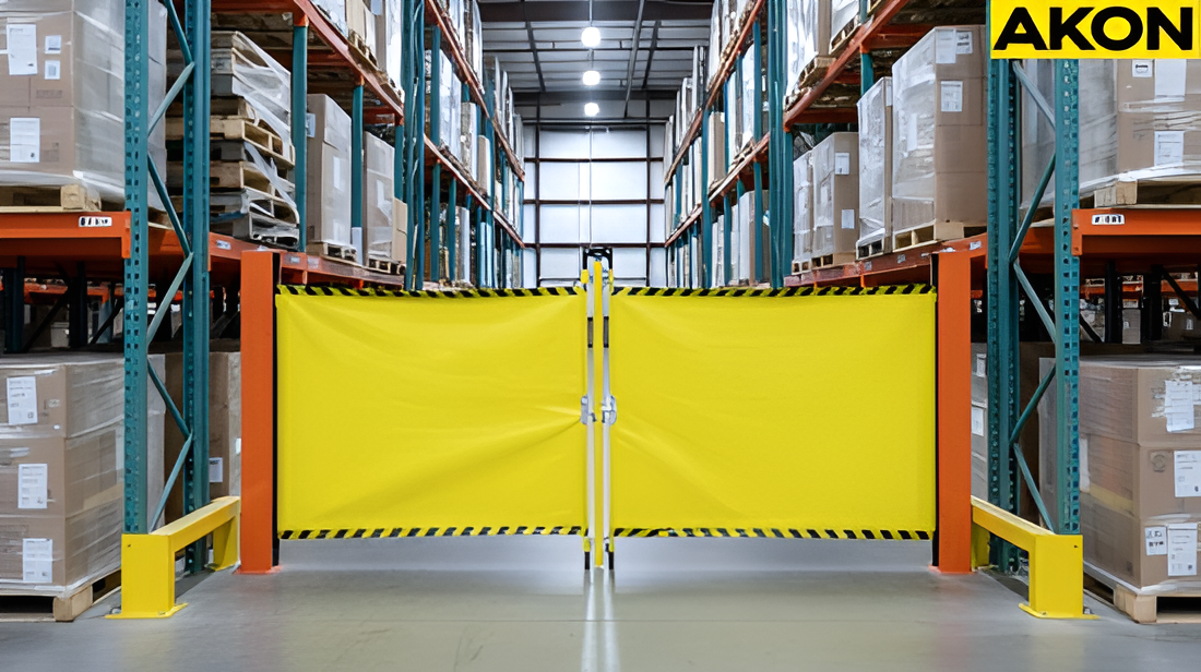 Yellow retractable safety barrier blocking access between warehouse rack aisle