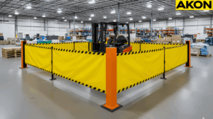Yellow retractable safety barrier defining a restricted forklift operation zones in a warehouse