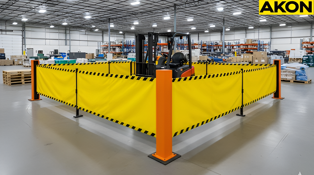 Yellow retractable safety barrier defining a restricted forklift operation zones in a warehouse