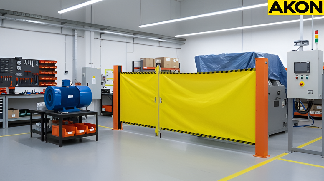 “Yellow warehouse retractable barrier separating equipment area for improved visual control”