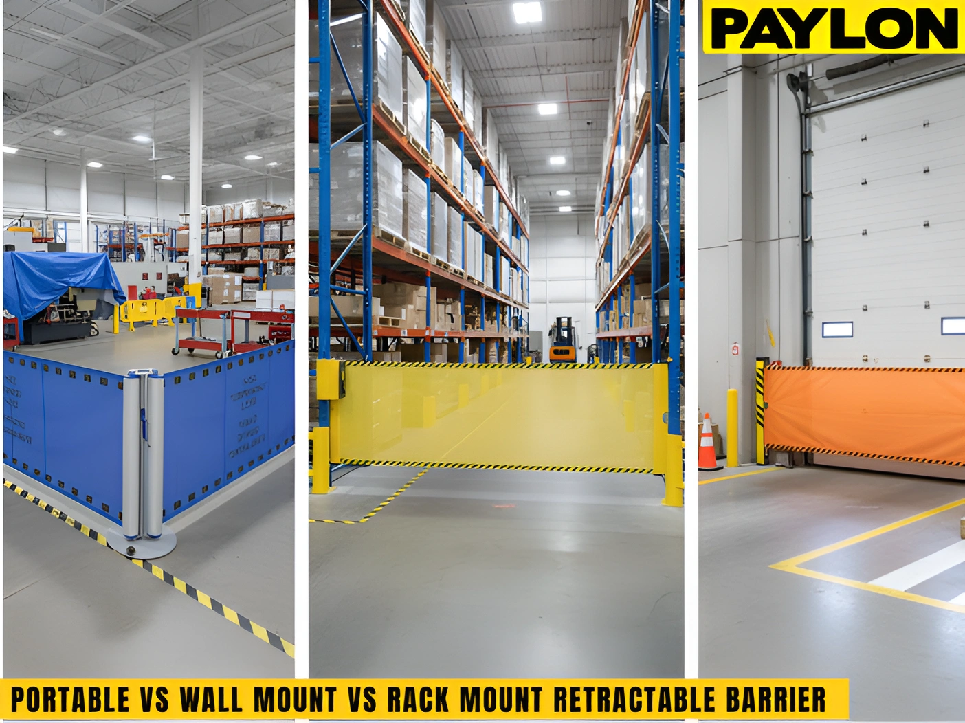 Comparison of portable, rack mount, and wall mount retractable barriers used in warehouse environments