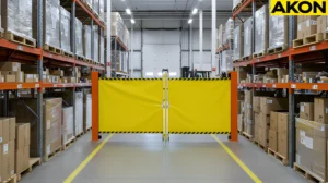 Industrial retractable barrier blocking a warehouse aisle between pallet racks for access control