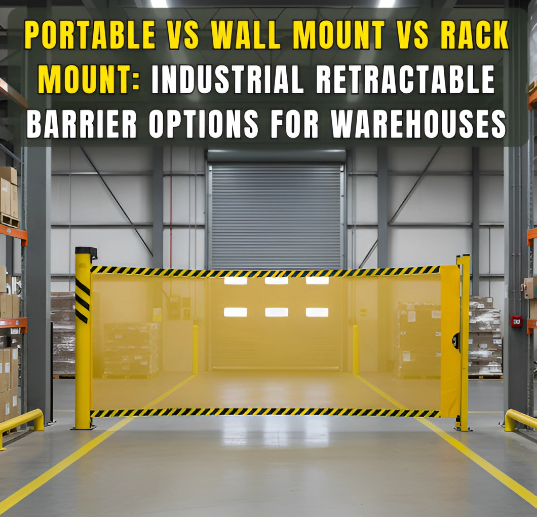 Industrial retractable barrier installed across a warehouse aisle demonstrating portable, wall mount, and rack mount options