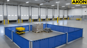 Industrial retractable barriers placed near dock entrances for quick deployment during changing warehouse condition