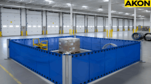 Industrial retractable barriers placed near dock entrances for quick deployment during changing warehouse condition