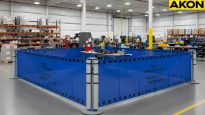 Industrial retractable barriers forming a temporary safety enclosure around active machinery in a warehouse
